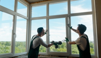 Deux artisans installent une fenêtre